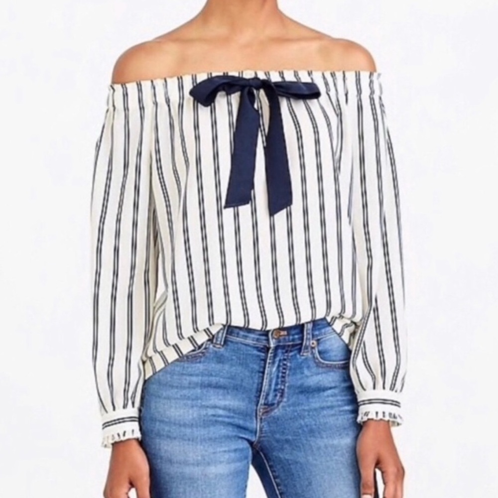 NWT J Crew‎ Mercantile Striped Off Shoulder Blouse Bow Navy White Nautical XS